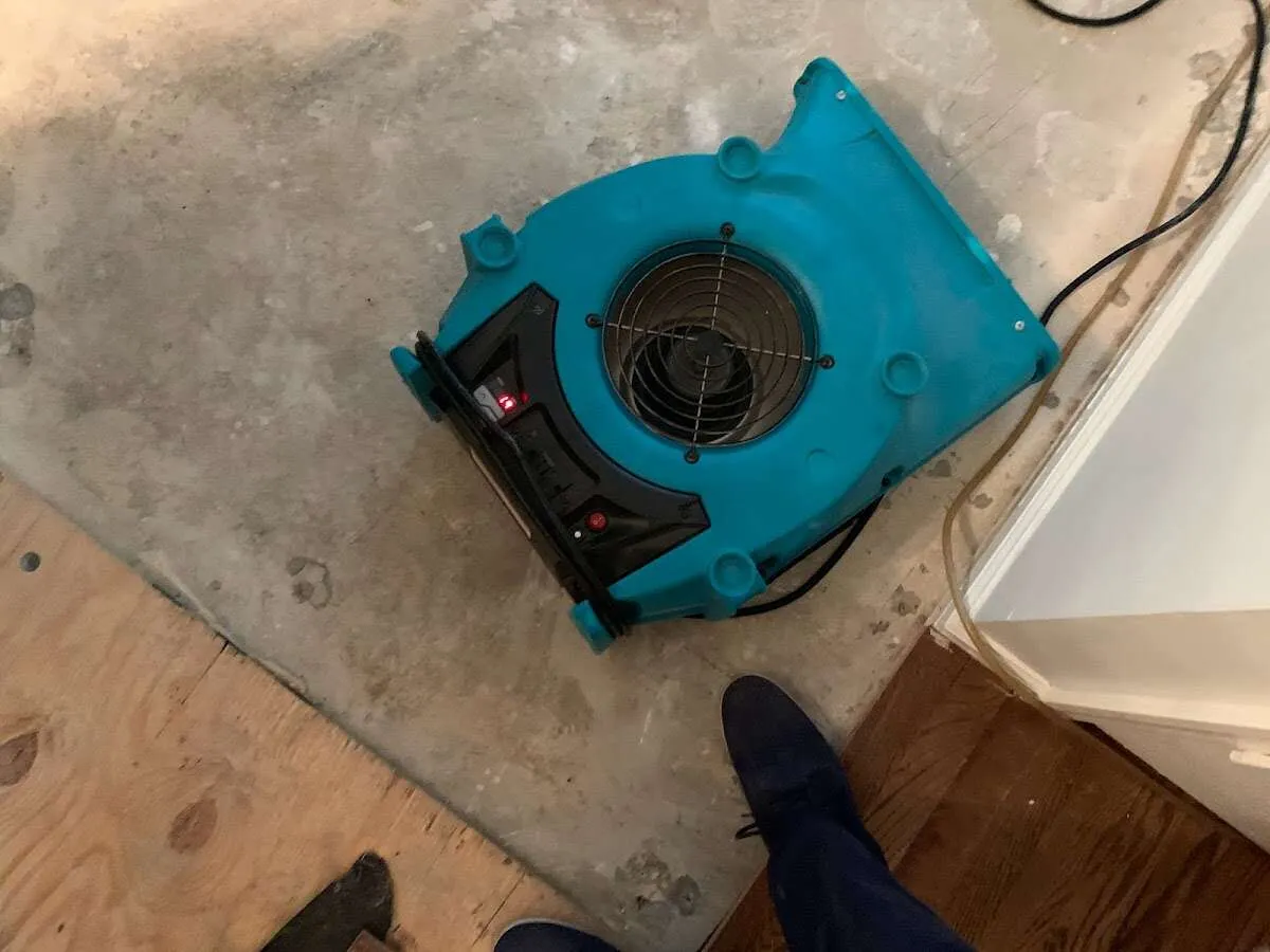 Air mover drying subfloor during Leak Detection & Repair in Palm Beach Gardens
